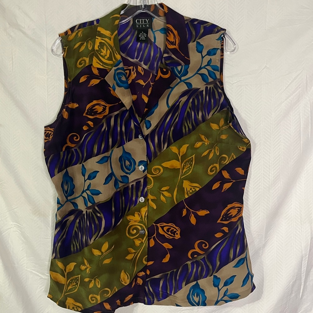 City Silk  Colorful Silk Sleeveless Button front‎ Shirt L